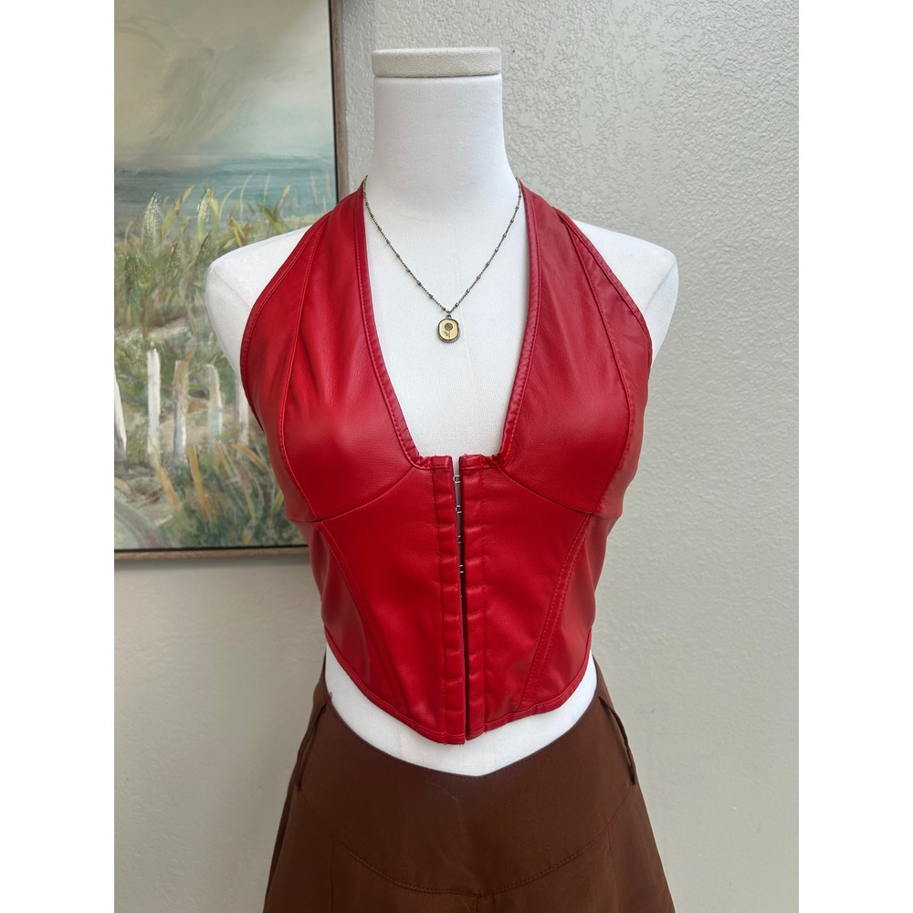 Red Faux Leather Halter Corset Top Lace Up Back Hook Front Biker Crop Top